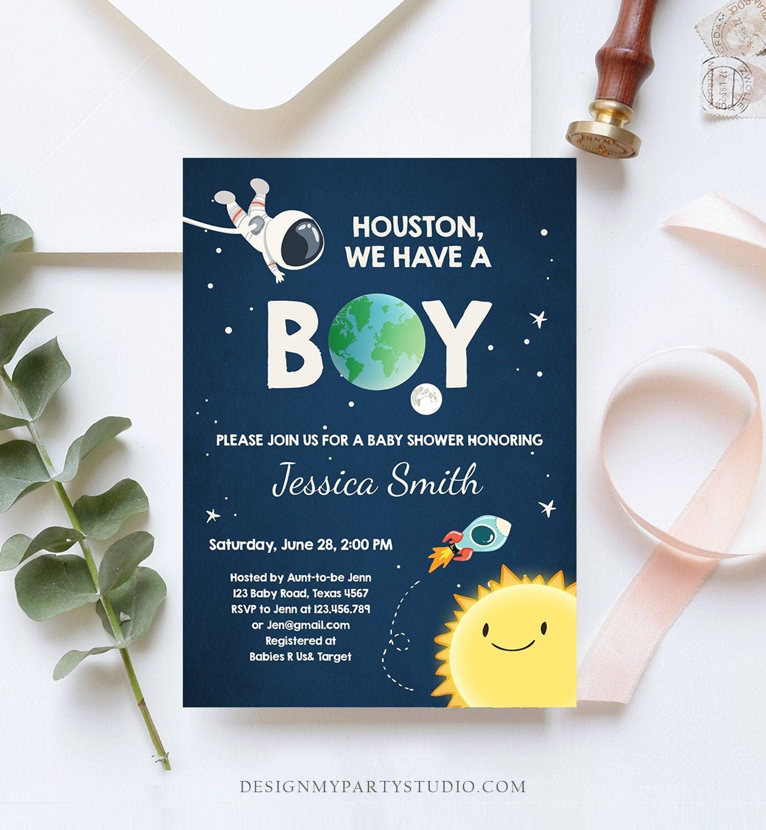 Editable Space Baby Shower Invitation Astronaut Rocket It's a Boy Space Ship Boy Blue Digital Download Template Printable 0046