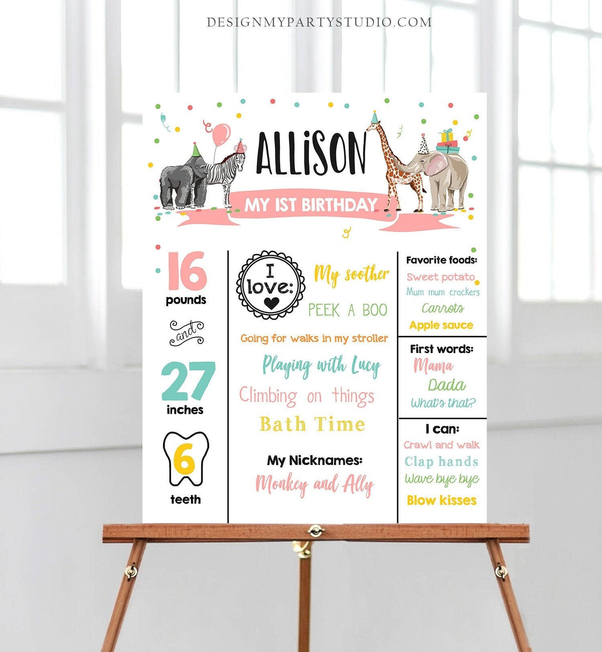 Editable Party Animals Birthday Milestone Girl Pink Sign Wild One Animals Zoo Safari First Birthday 1st Digital Template Printable 0142