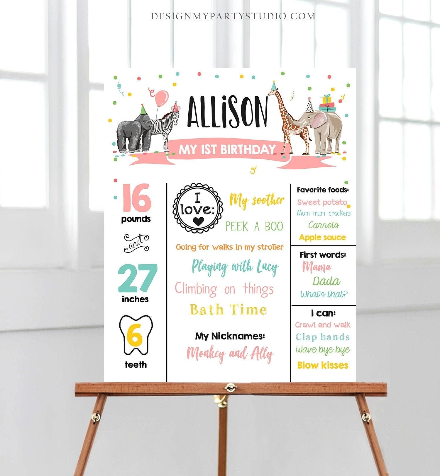 Editable Party Animals Birthday Milestone Girl Pink Sign Wild One Animals Zoo Safari First Birthday 1st Digital Template Printable 0142