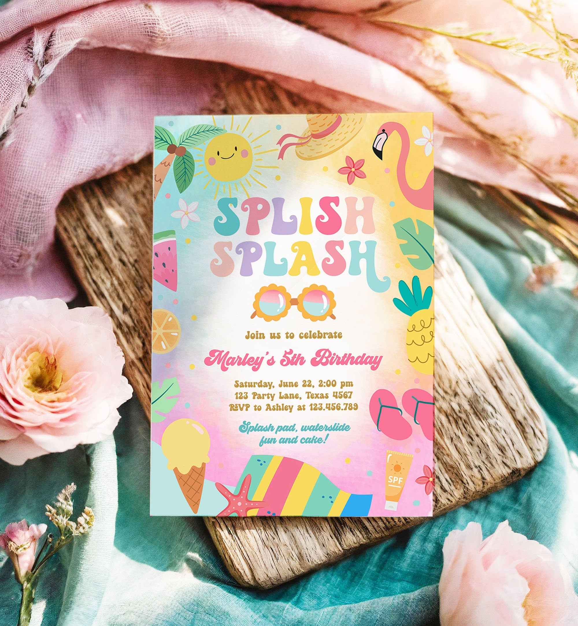 Editable Splish Splash Birthday Invitation Pool Party Girl Summer Waterslide Water Party Pink Digital Download Template Printable 0465