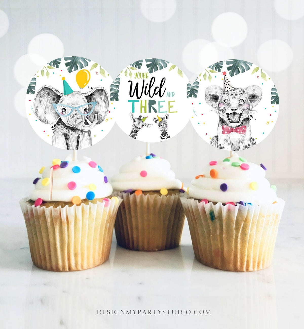 Party Animals Cupcake Toppers Favor Tags Third Birthday Party Boy Decoration Safari Animals Zoo Young Wild and Three Digital Printable 0322