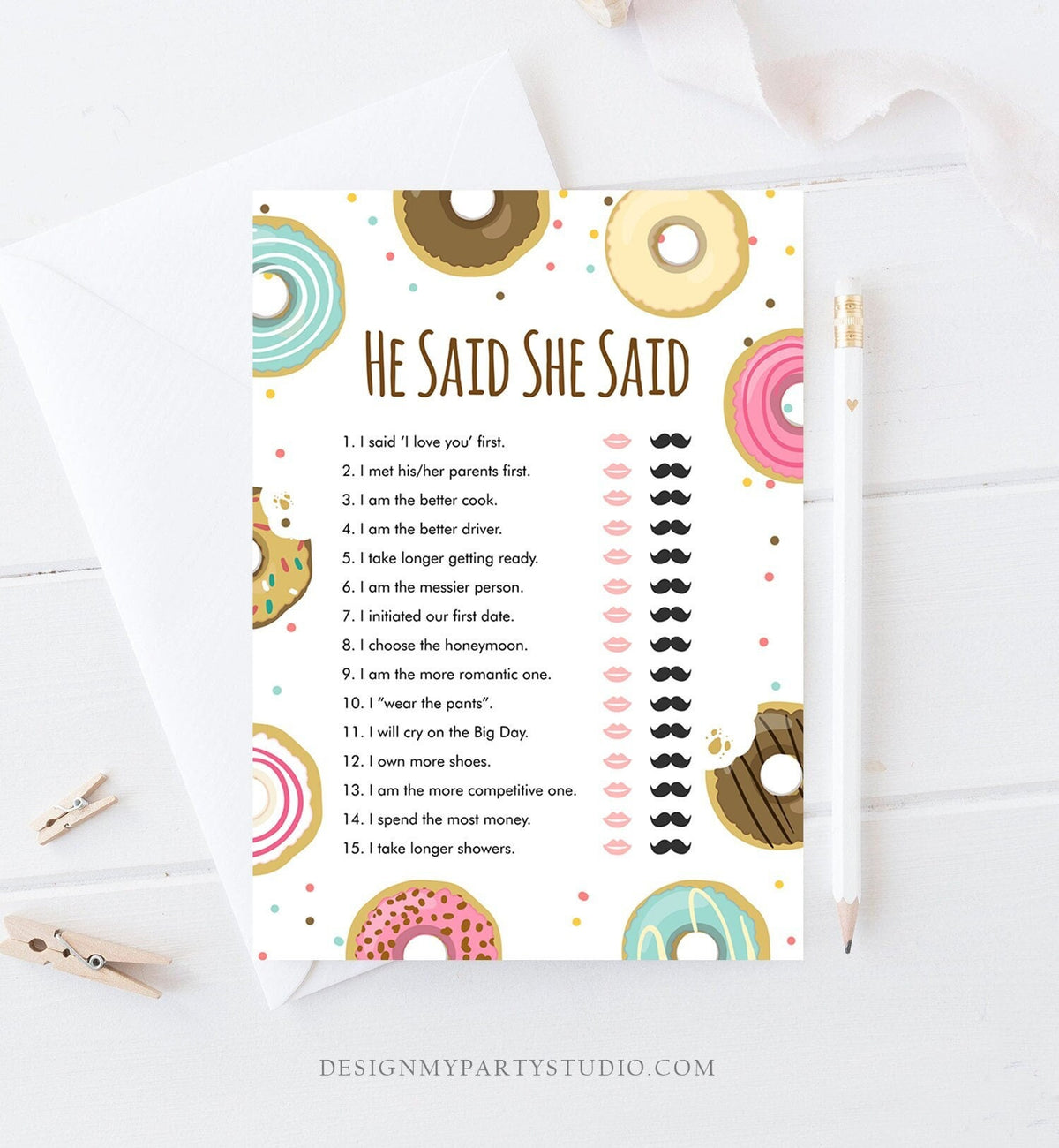 Editable He Said She Said Donut Bridal Shower Game Bride Groom Couples Mind if I Do Wedding Activity Digital Template Printable 0050