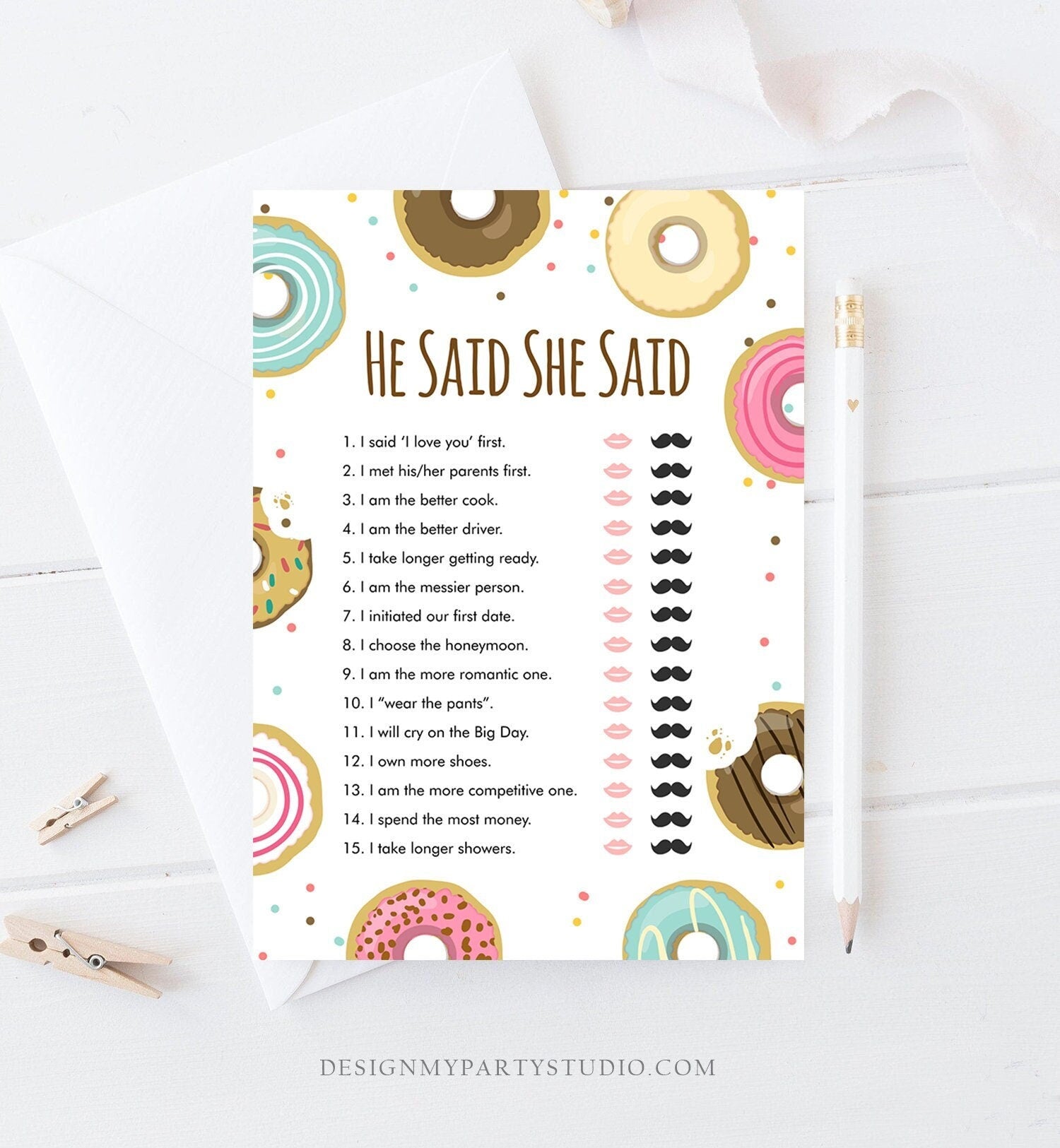 Editable He Said She Said Donut Bridal Shower Game Bride Groom Couples Mind if I Do Wedding Activity Digital Template Printable 0050
