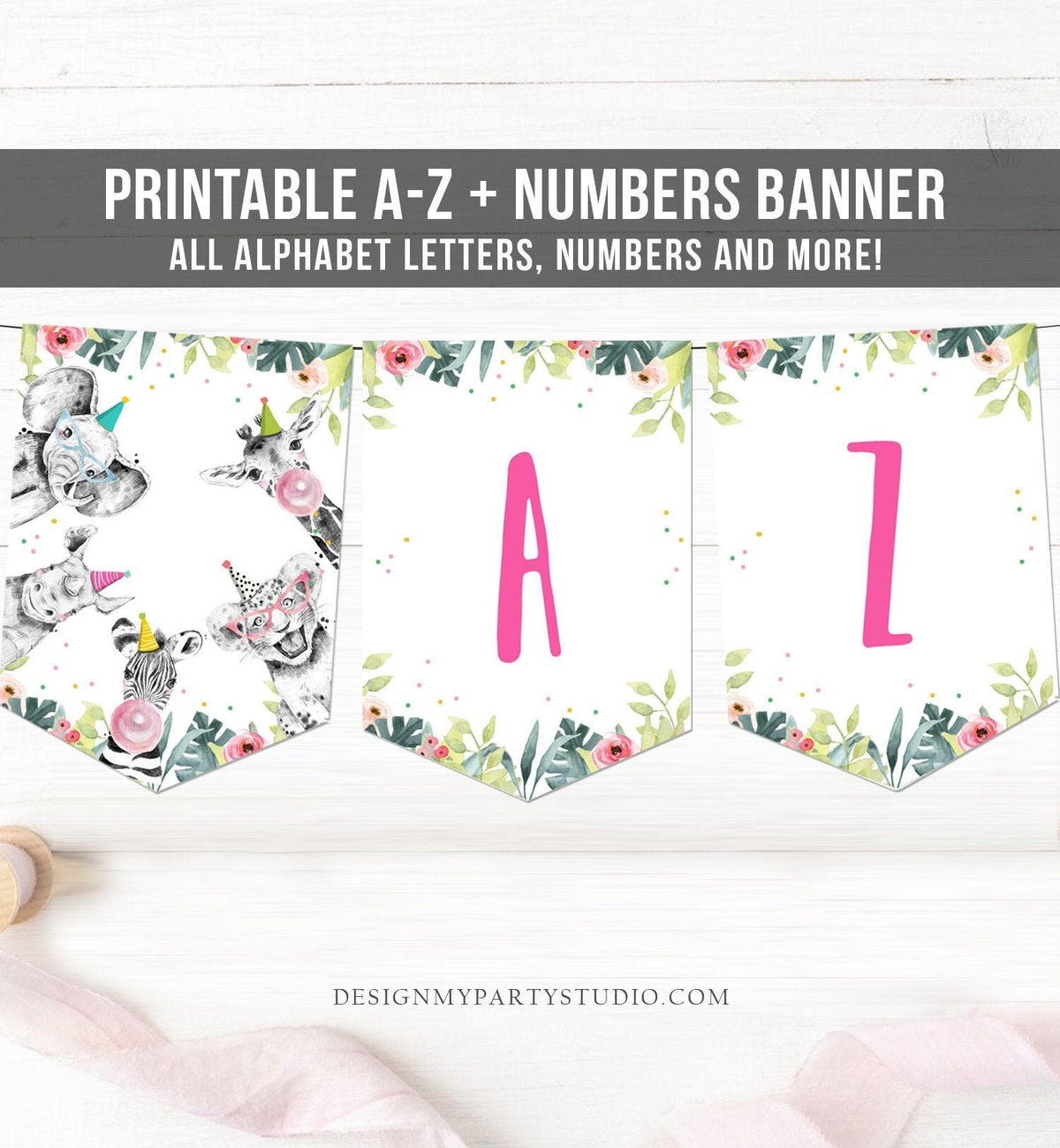 Safari Party Animals Birthday Banner A-Z Alphabet Numbers Banner First 1st Girl Safari Animals Decor Digital Download Printable 0322