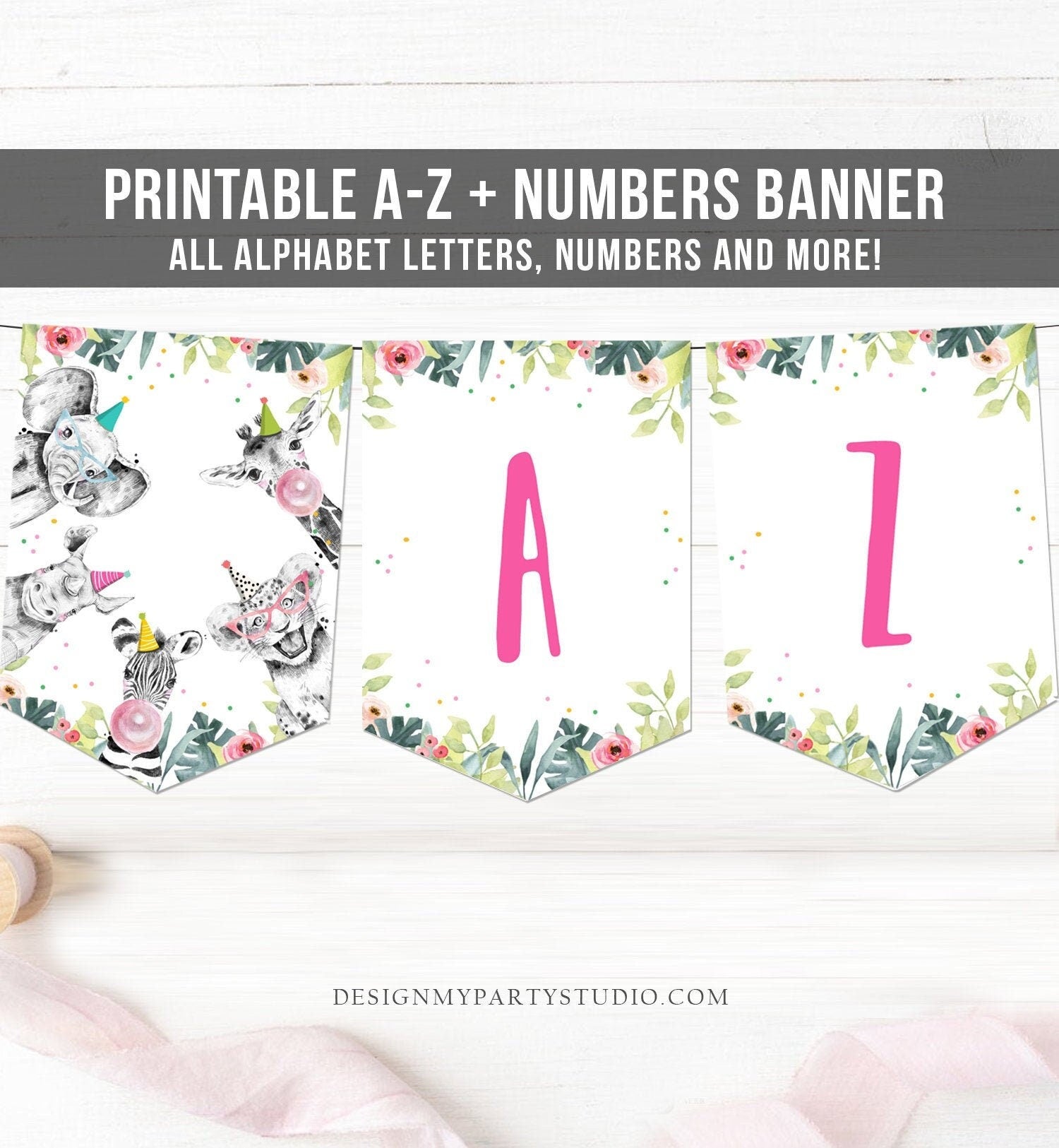 Safari Party Animals Birthday Banner A-Z Alphabet Numbers Banner First 1st Girl Safari Animals Decor Digital Download Printable 0322