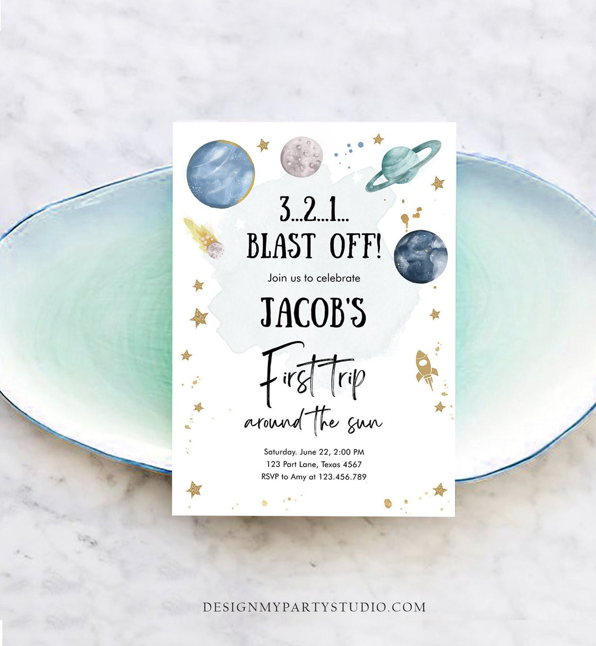 Editable Outer Space First Birthday Invitation Galaxy Blast Off First Trip Around the Sun Digital Download Evite Template Printable 0357