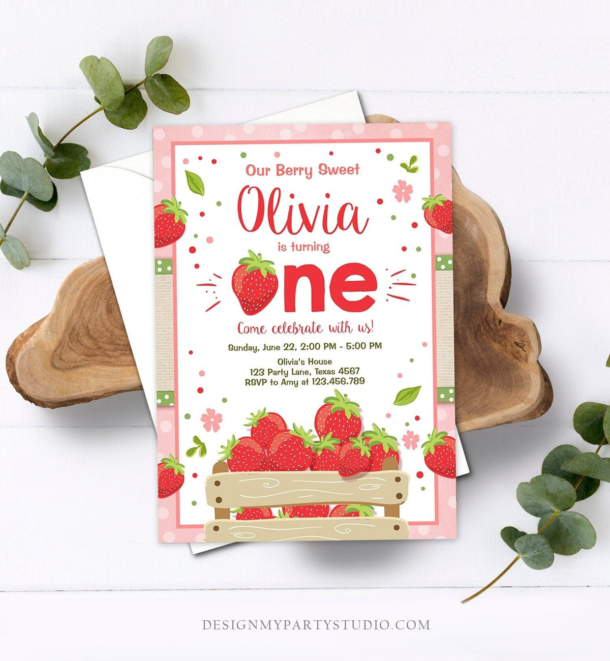 Editable Strawberry Birthday Invitation Girl First Birthday Berry Sweet Strawberries Pink Digital Download Evite Template Printable 0091