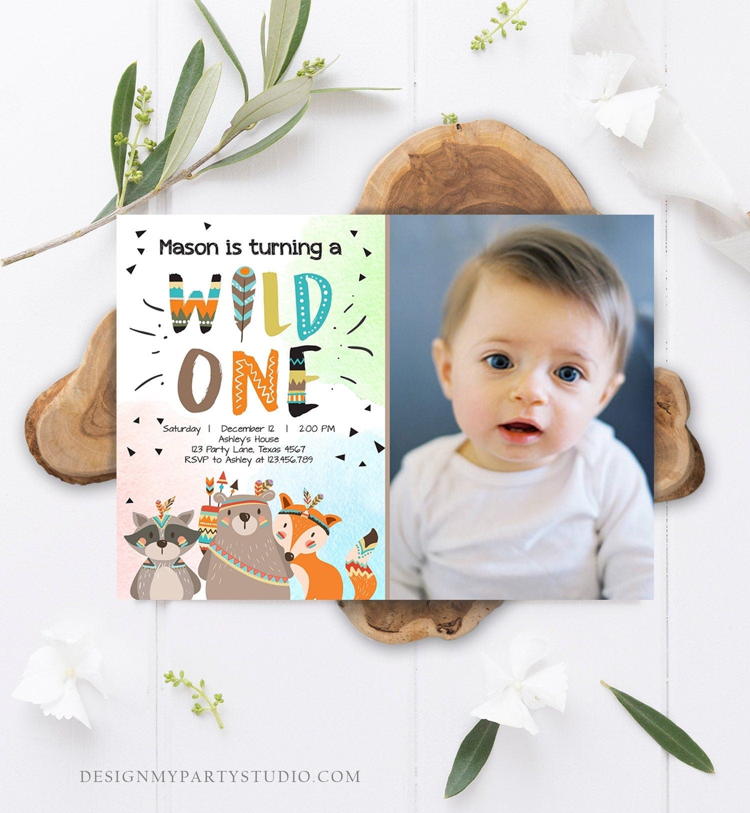 Editable Woodland Tribal Wild One First Birthday Invitation Boho Woodland Animals Boy Party Digital Download Template Printable 0061