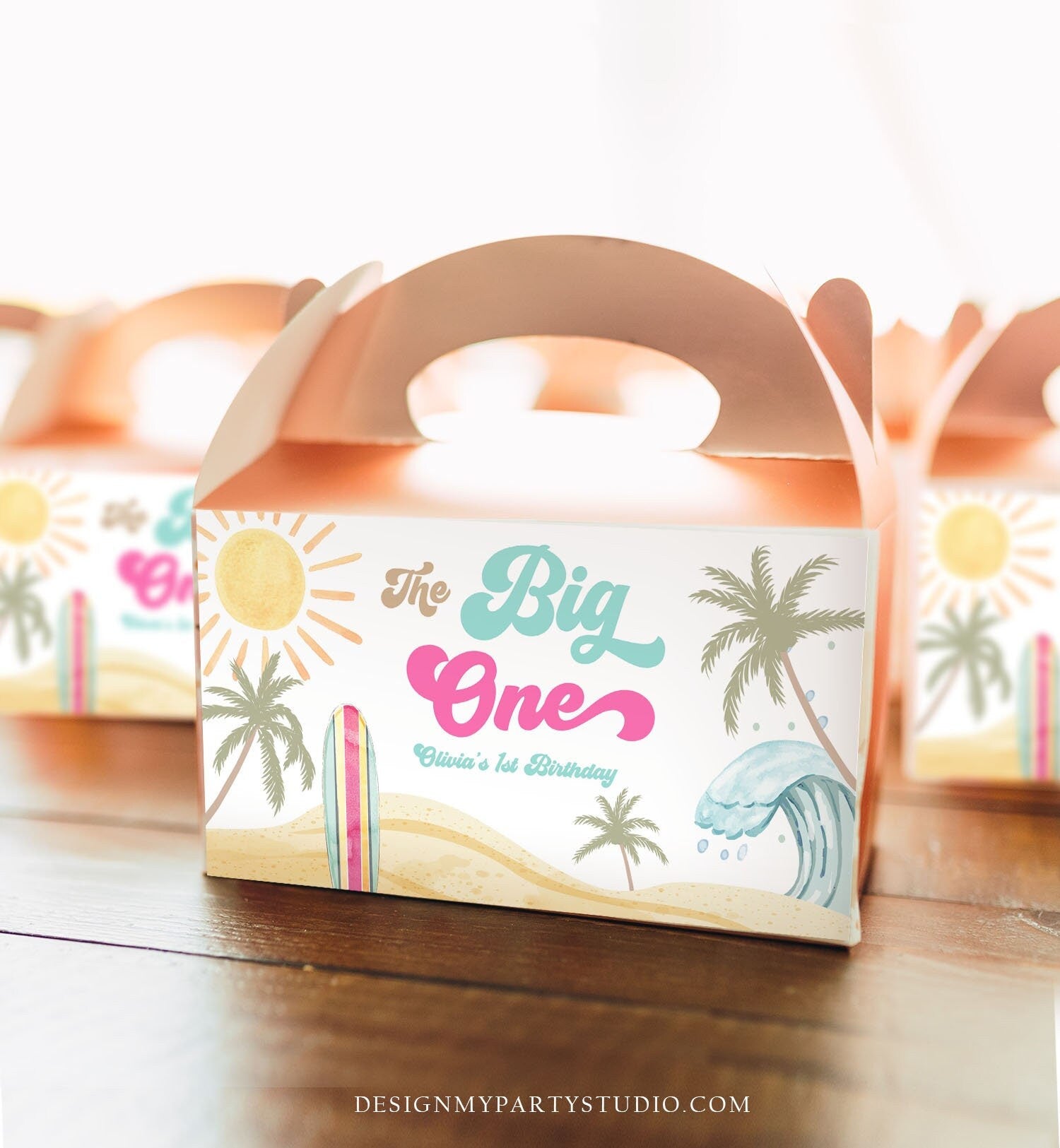 Editable Surf Gable Box Favor Label Surf Birthday Favor Box Girl The Big One Retro Surfboard 1st Digital Download Template Printable 0433