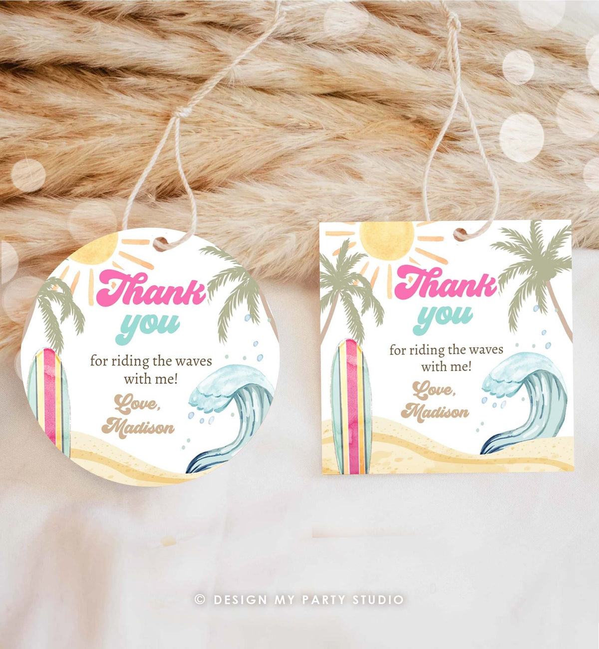 Editable Retro Surf Favor Tag Girl First Birthday The Big One Thank You Tag Beach Party Surfing Hippie Wave Digital Template Printable 0433