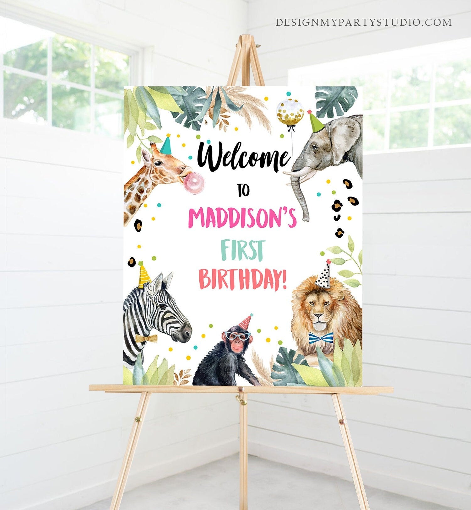 Editable Party Animals Welcome Sign Party Animal Sign Zoo Safari Welcome Jungle Sign Birthday Animals Girl Digital Template Printable 0417