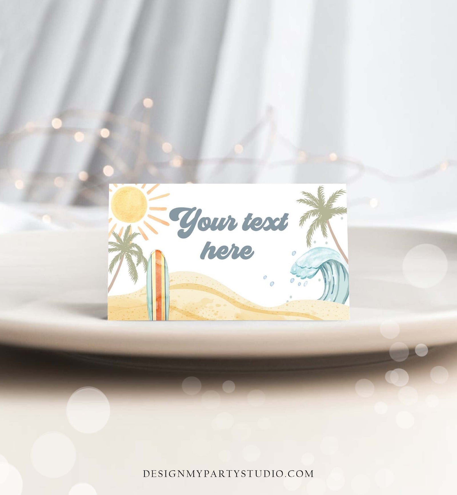 Editable Surf Food Labels Surfboard Birthday Place Card Tent Buffet Beach Party The Big One Retro Boy Digital Template Printable 0433