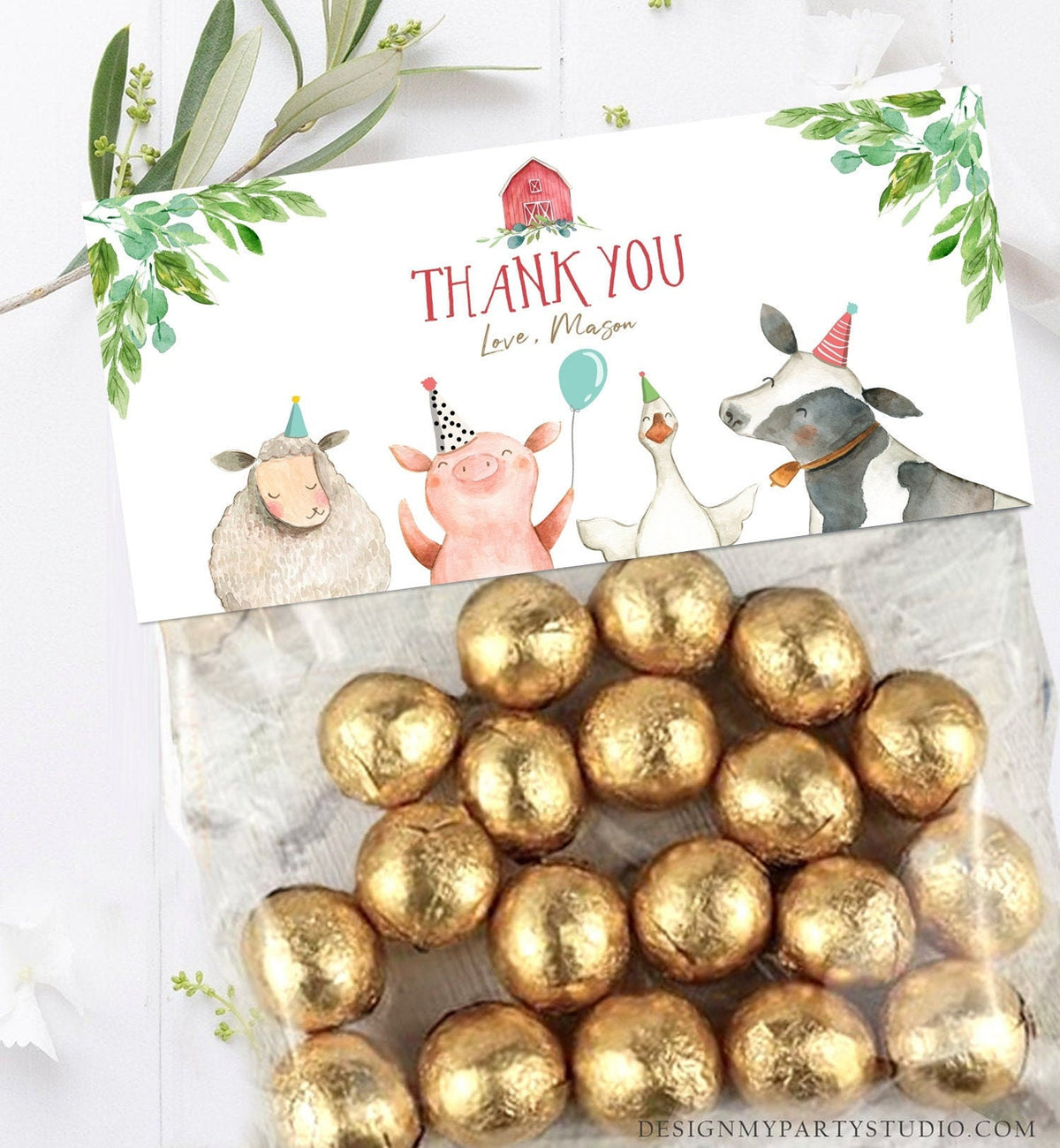 Editable Farm Animals Treat Bag Toppers Farm Birthday Thank You Barnyard Loot Topper Red Farm Boy Digital Download Template Printable 0155