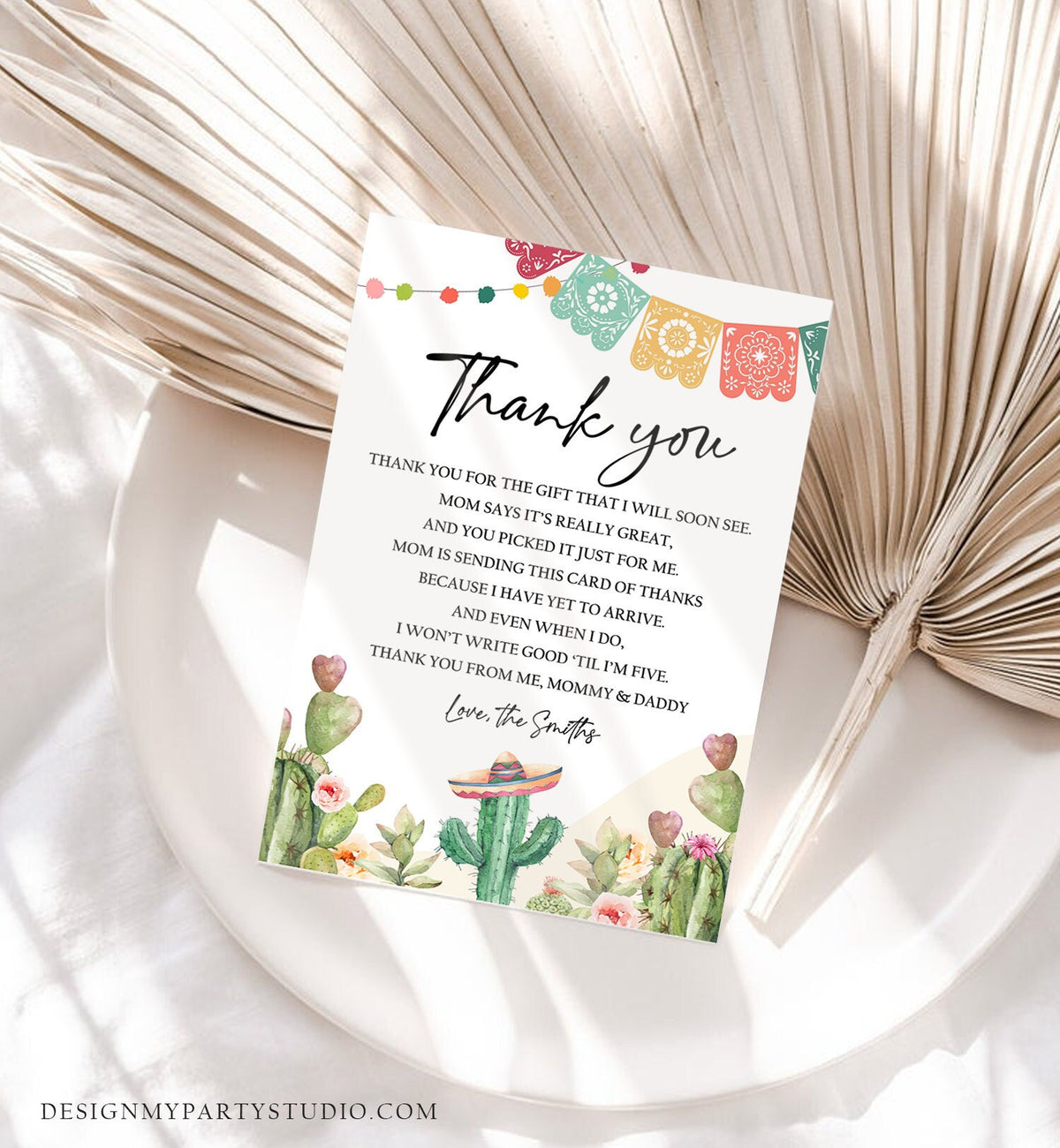 Editable Fiesta Baby Shower Thank You Card Mexican Baby Shower Cactus Succulent Desert Floral Fiesta Digital Corjl Template Printable 0404