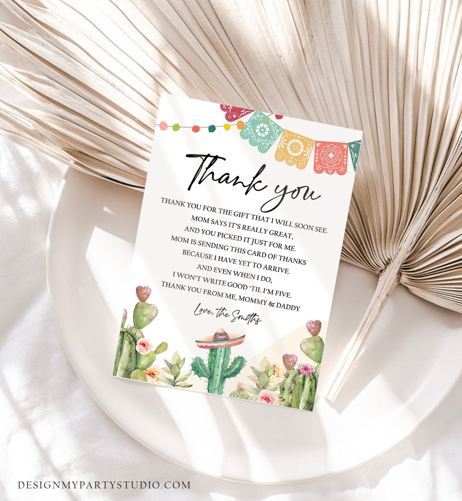 Editable Fiesta Baby Shower Thank You Card Mexican Baby Shower Cactus Succulent Desert Floral Fiesta Digital Corjl Template Printable 0404