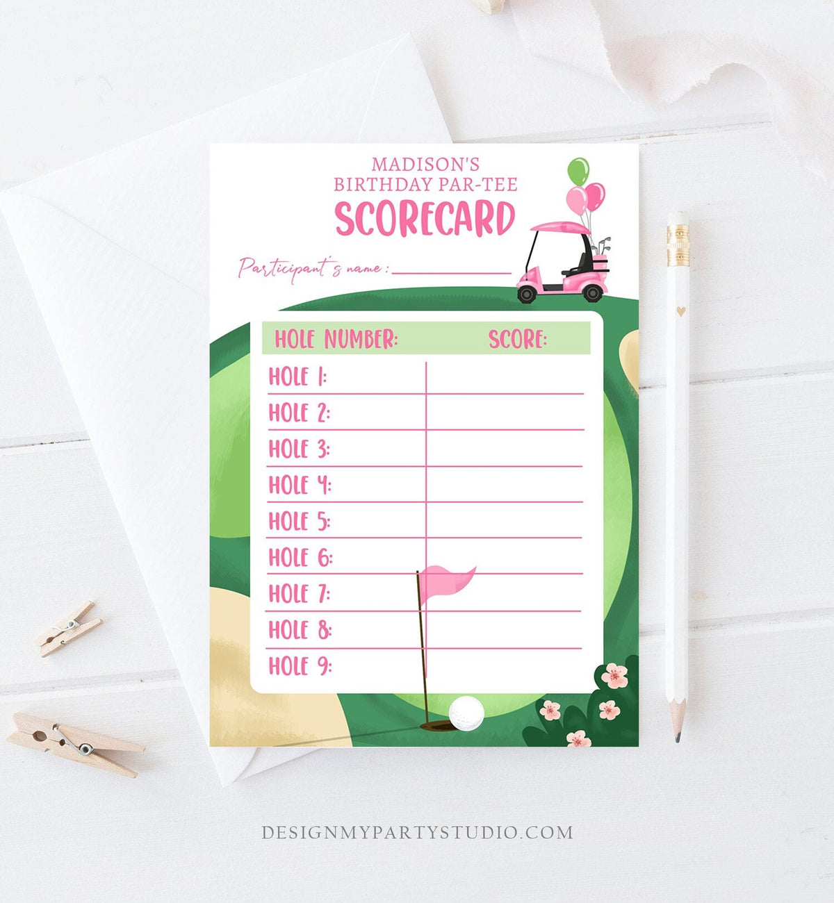 Editable Golf Score Card Birthday Par-tee Game Golfing Girl Pink Golf Baby Shower Activity Digital Download Template Printable 0405