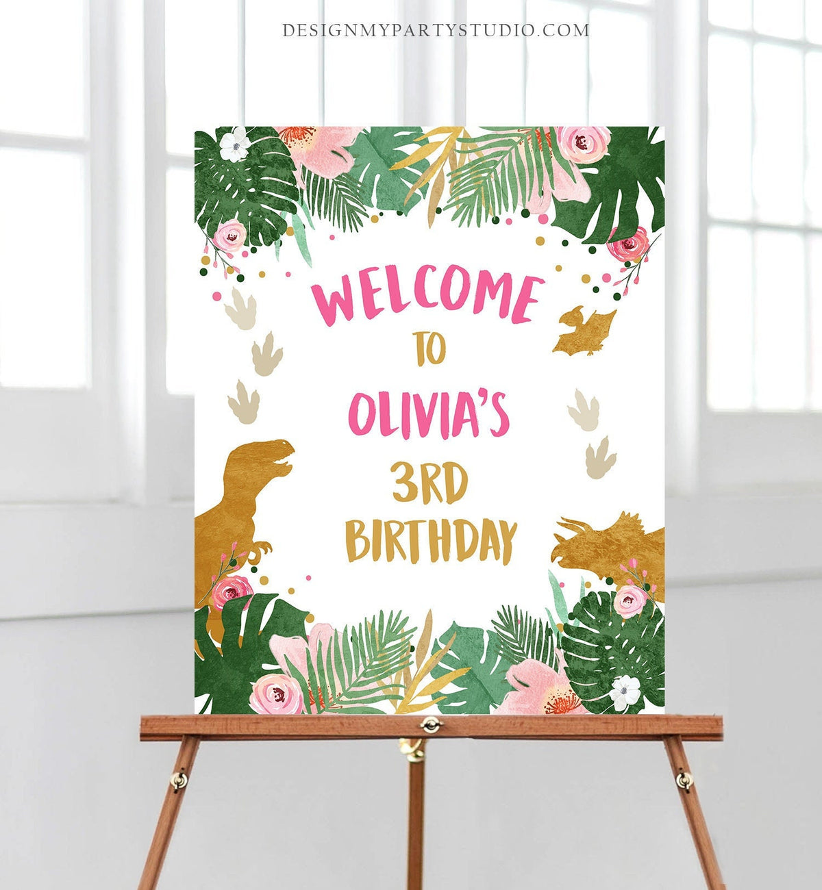 Editable Dinosaur Welcome Sign Girl Pink and Gold Dino Party Dinosaur Birthday Sign Welcome Dinosaur Sign Digital Template Printable 0146