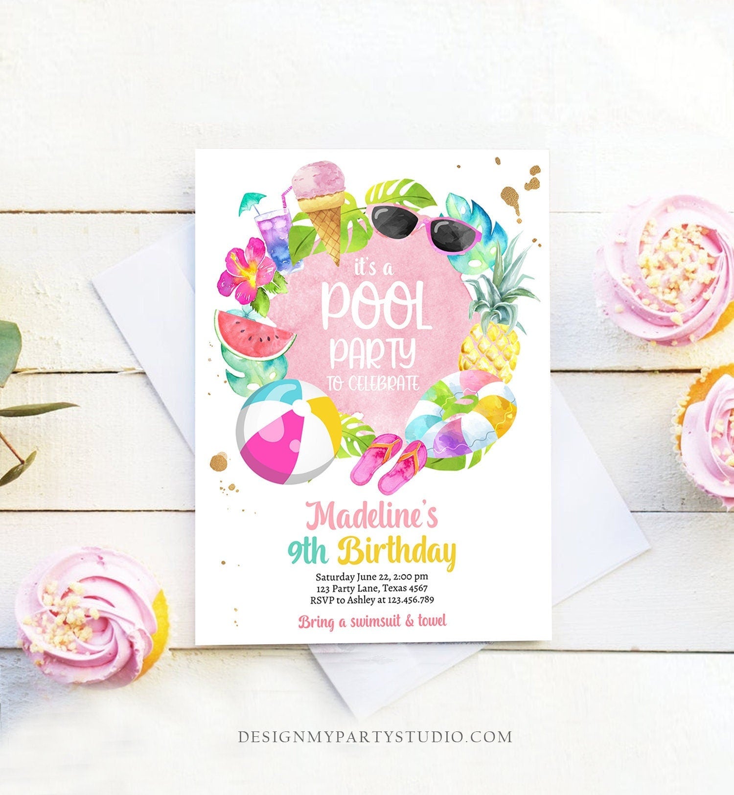 Editable Tropical Pool Party Birthday Invitation Splish Splash Birthday Bash Girl Pineapple Digital Download Template Printable 0414