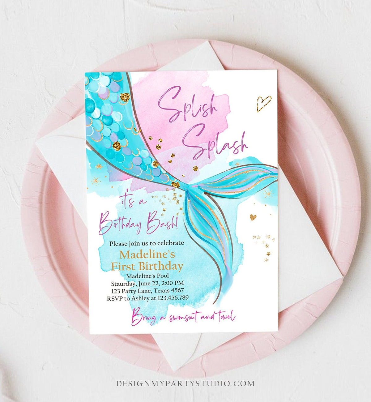 Editable Mermaid Birthday Party Invitation Girl Pink Aqua Blue Gold Mermaid Birthday Under The Sea Digital Download Template Printable 0403