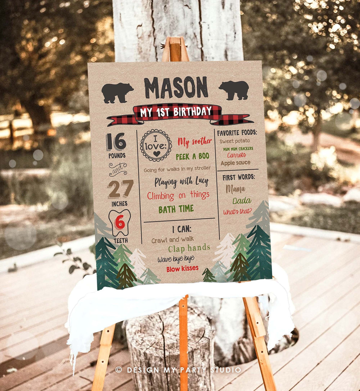 Editable Lumberjack Birthday Milestones Sign Pine Tree Poster Infographic Buffalo Plaid 1st Birthday Bear Digital Template Printable 0026