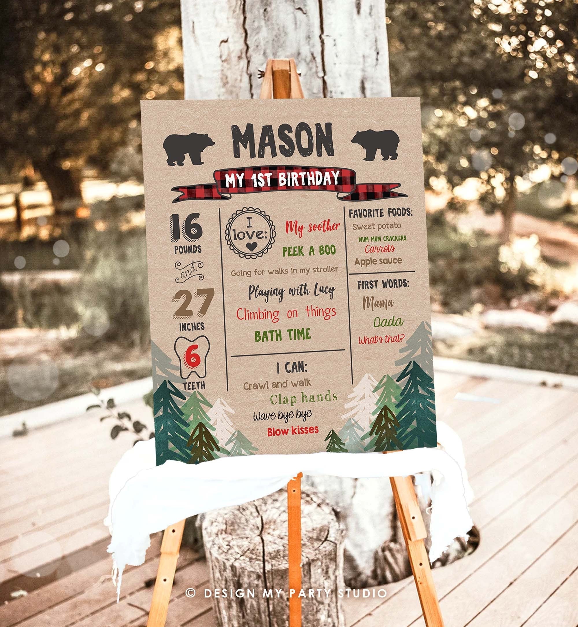 Editable Lumberjack Birthday Milestones Sign Pine Tree Poster Infographic Buffalo Plaid 1st Birthday Bear Digital Template Printable 0026