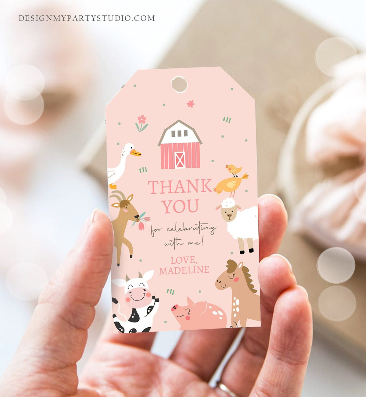 Editable Farm Animals Favor Tag Pink Farm Birthday Thank You Barnyard Gift Girl Party Animals Old McDonald Digital Template Printable 0436
