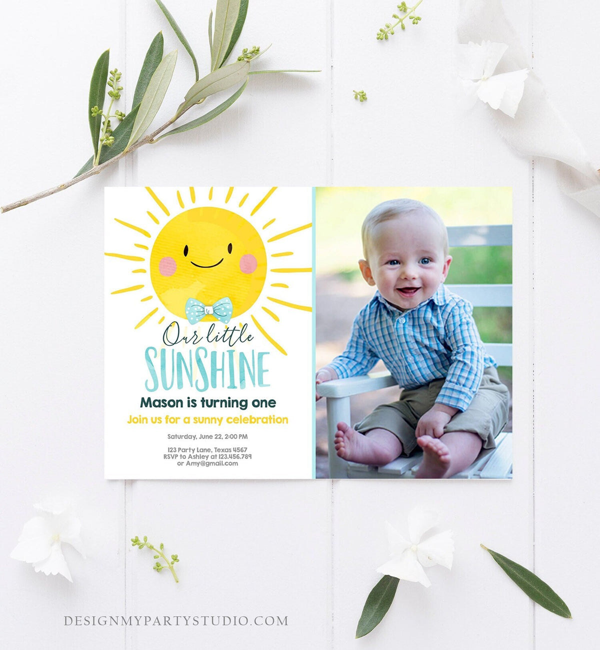 Editable Birthday Invitation Little Sunshine Summer Sunshine Party Boy Birthday Blue Digital Download Evite Template Printable 0141