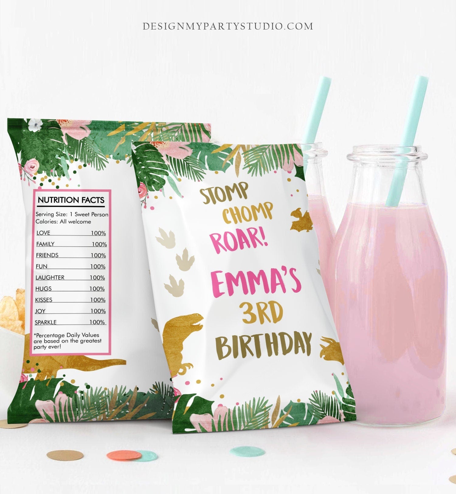 Editable Dinosaur Chip Bag Dino T-Rex Party Decor Girl Dino Birthday Party Snack Favors Potatoes Gold Printable Digital Corjl Template 0146