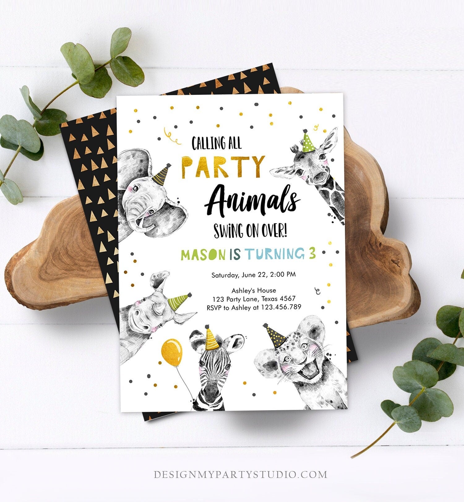Editable Party Animals Birthday Invitation Wild One Animals Zoo Safari Animals Boy Digital Download Evite Template Printable 0390