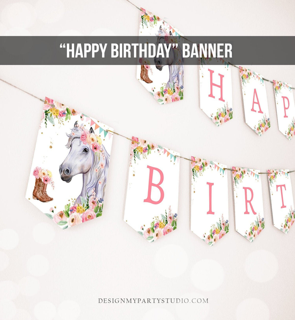 Happy Birthday Banner Horse Birthday Banner Saddle Up Watercolor Cowgirl Party Girl Pony Birthday Decor Digital Download Printable 0408