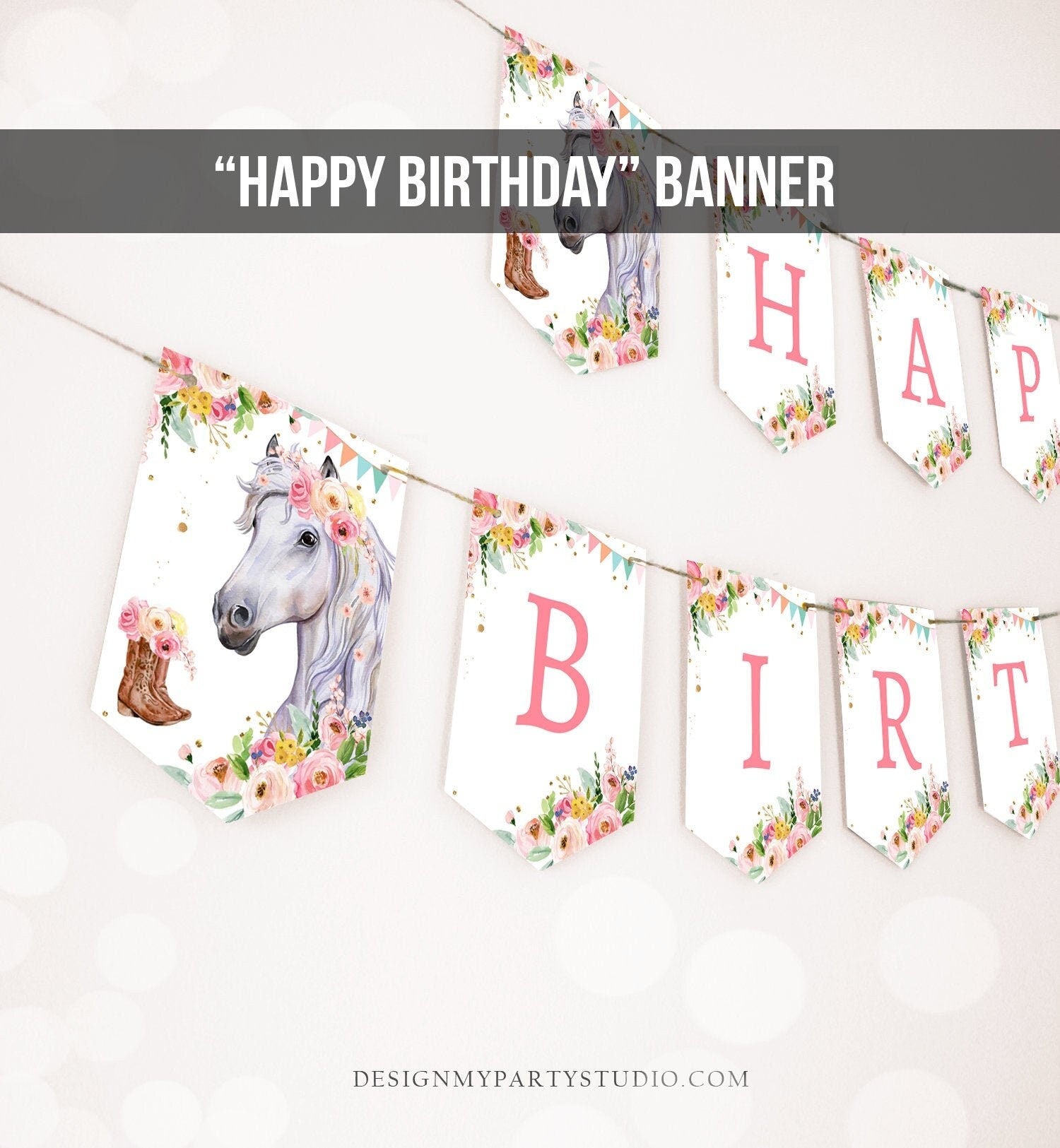 Happy Birthday Banner Horse Birthday Banner Saddle Up Watercolor Cowgirl Party Girl Pony Birthday Decor Digital Download Printable 0408