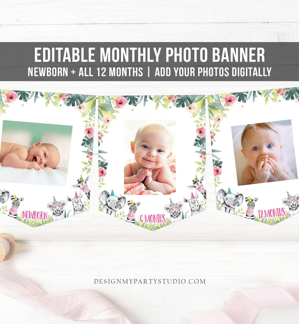 Editable Monthly Photo Banner First Birthday Banner Party Animals Safari Animals Banner Wild One Confetti Digital Template Printable 0322