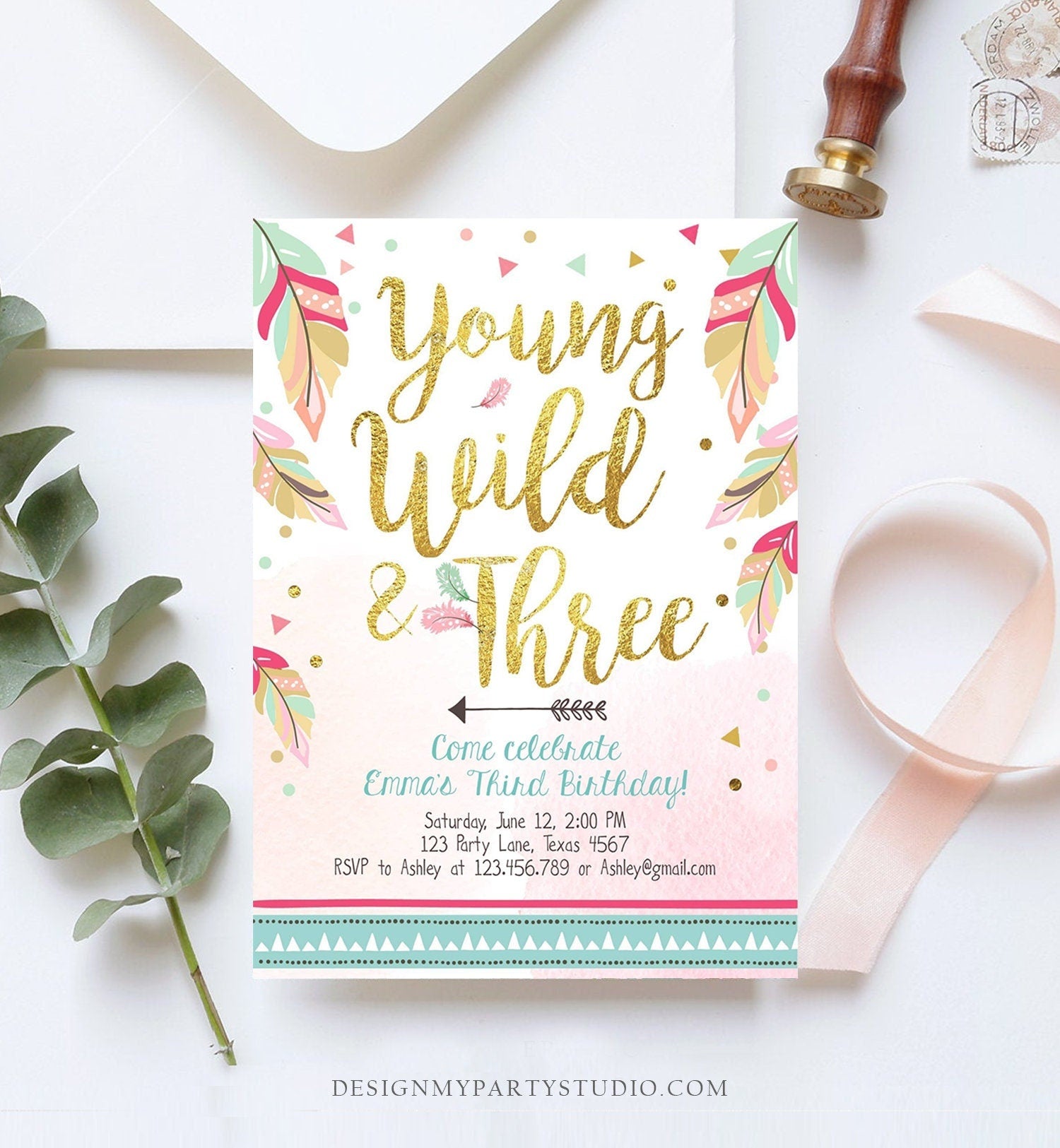 Editable Young Wild and Three Invitation Tribal Boho Feathers Girl Pink Gold Third 3rd Birthday Digital Download Template Printable 0038