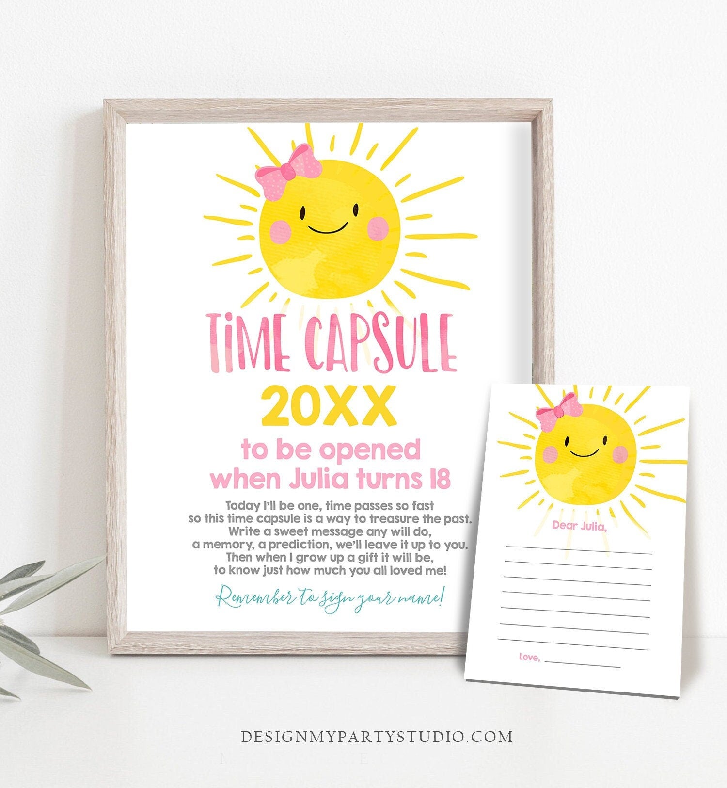 Editable Sunshine Time Capsule First Birthday Party Little Sunshine Pink Bow Girl Birthday Summer Guestbook Digital Template Printable 0141