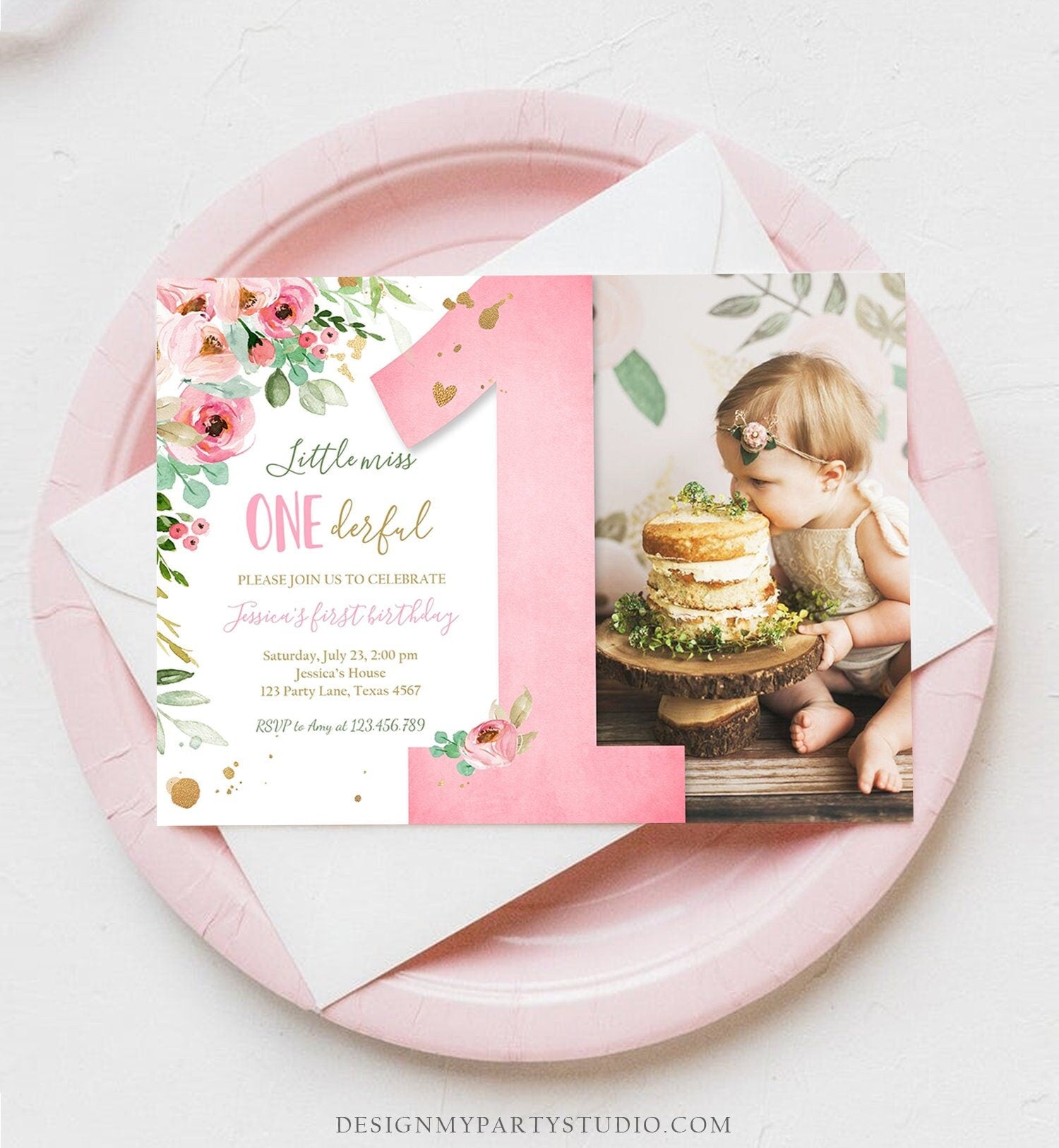Editable Little Miss Onederful Birthday Invitation 1st Birthday Girl Blush Pink Gold Floral Digital Download Evite Template Printable 0147