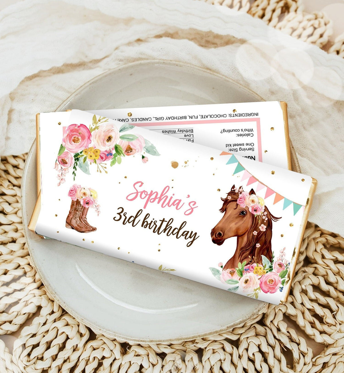 Editable Horse Chocolate Bar Labels Candy Bar Wrapper Horse Birthday Cowgirl Floral Girl Saddle Up Digital Download Template Printable 0408