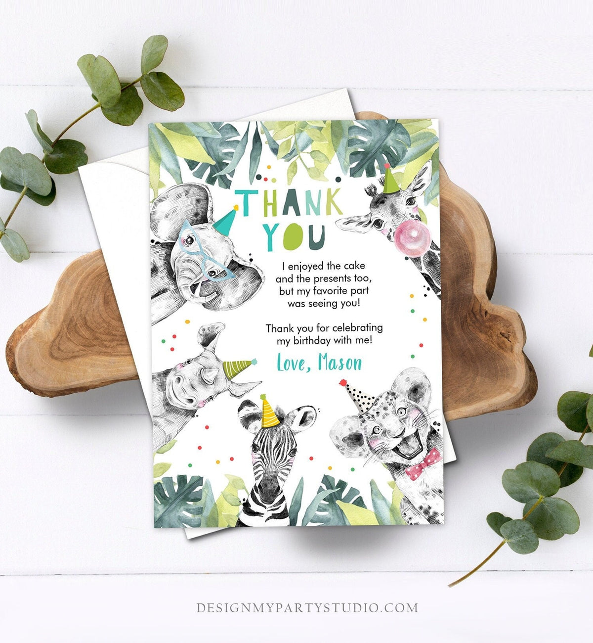 Editable Thank You Card Safari Animals Wild One Two Wild Thank You Note Boy Blue Gold Party Animals Digital Template Printable 0322