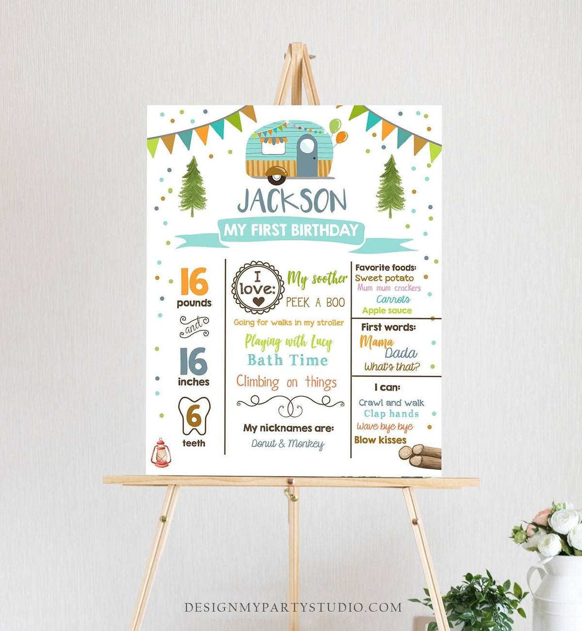 Editable Happy Camper Birthday Milestones Sign ANY AGE Camper Boy Glamping Party Decoration Adventure Digital Template Printable 0342