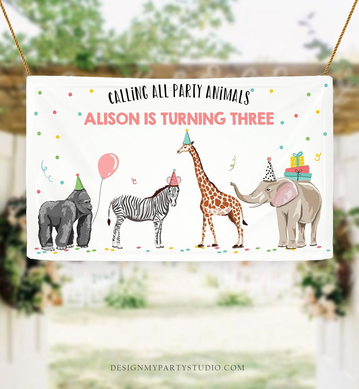 Editable Party Animals Birthday Backdrop Banner Safari Animals Girl Wild One Two Wild Welcome Sign Digital Download Template Printable 0142