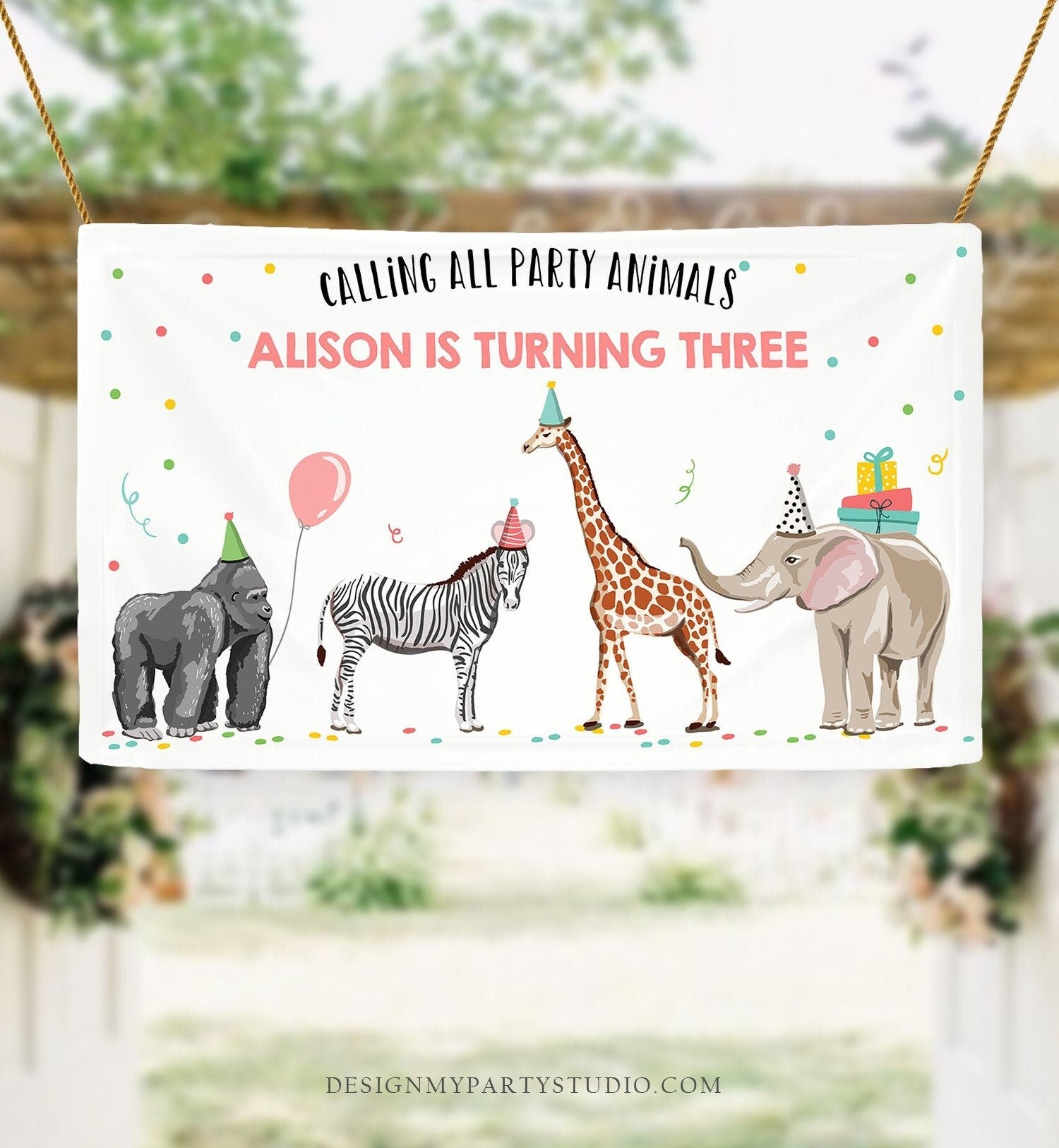 Editable Party Animals Birthday Backdrop Banner Safari Animals Girl Wild One Two Wild Welcome Sign Digital Download Template Printable 0142