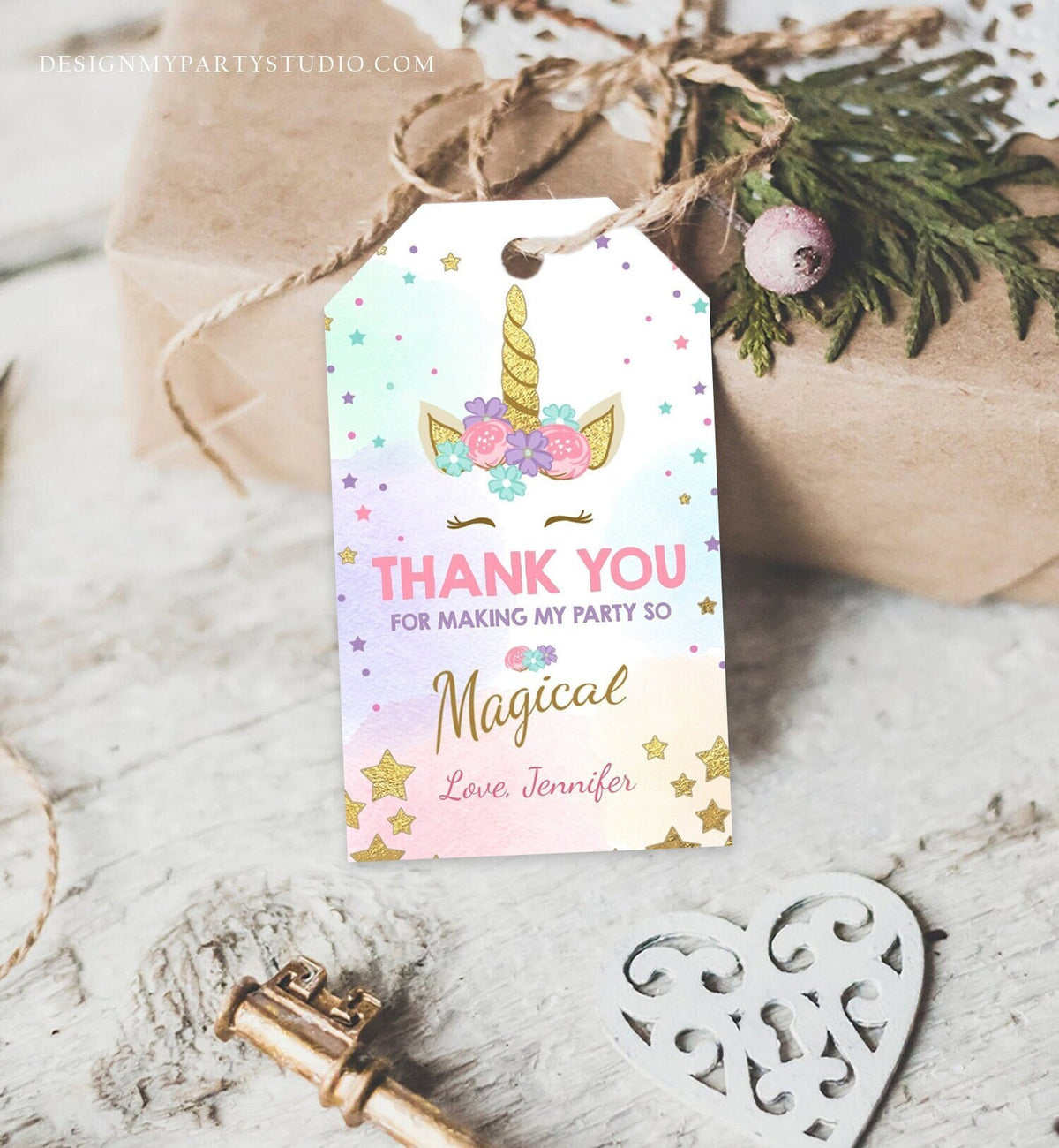 Editable Unicorn Favor Tag Unicorn Magical Birthday Thank You Tag Label Rainbow Magical Celebration Pink Gold Corjl Template Printable 0041