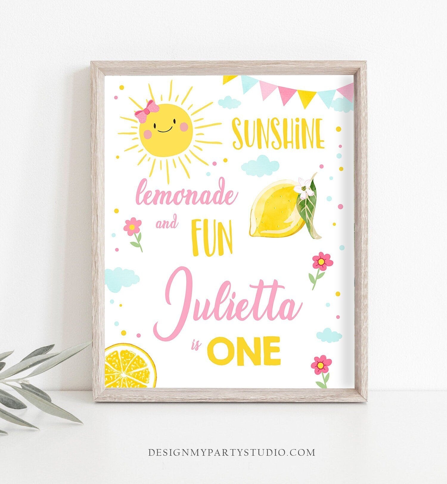 Editable Sunshine Welcome Sign Little Sunshine Birthday Party Pink Girl Lemonade and Fun Lemonade Stand Summer Template PRINTABLE Corjl 0141