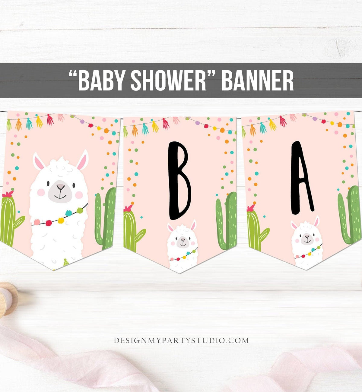 Llama Baby Shower Banner Pink Girl Fiesta Sprinkle Cactus Alpaca Decoration Decor Confetti Instant Digital Download Printable 0079