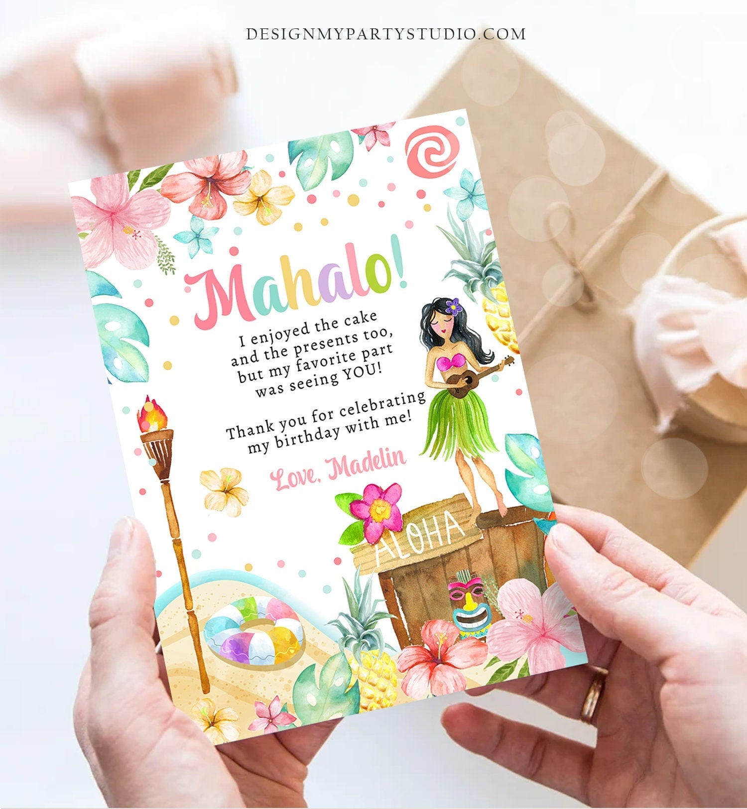 Editable Luau Birthday Thank You Card Girl Hawaiian Birthday Thank You Note Tropical Luau Party Digital Download Template Printable 0413