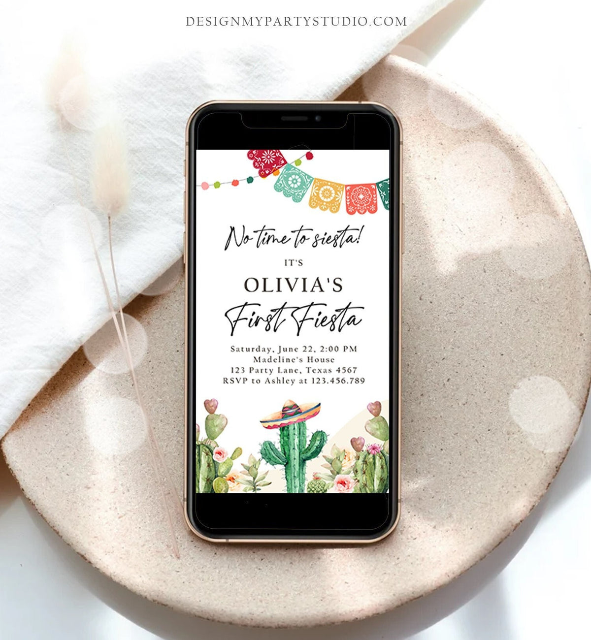Editable Fiesta Evite First Fiesta Birthday Invitation Phone Mexican Cactus Succulent Desert Floral Digital Download Evite Template 0404