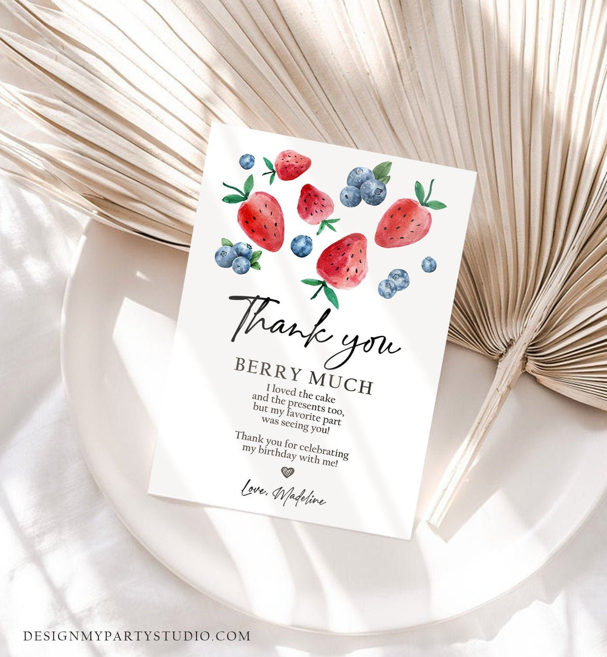 Editable Blueberry Strawberry Thank You Card Berry First Birthday Berry Sweet Farmers Market Digital Download Template Printable 0399