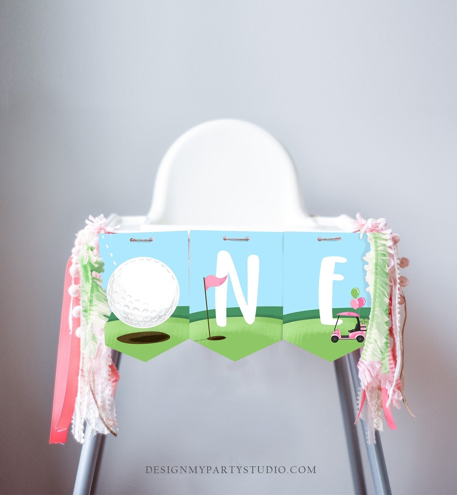 Golf High Chair Banner Hole in One 1st First Birthday Girl Pink High Chair ONE Banner Party Par-tee Golfing Digital Download Printable 0405