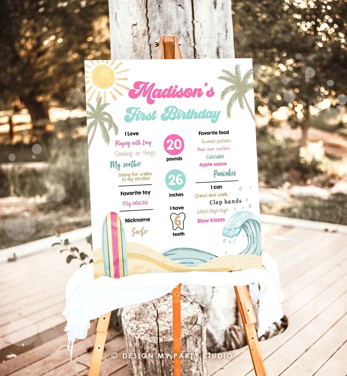 Editable Surf Birthday Milestones Sign Girl Big One Summer Party Surfing Board Groovy Retro Beach 1st Party Digital Template Printable 0433