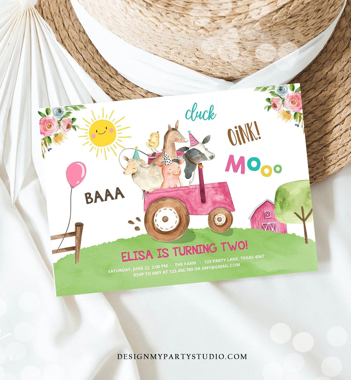 Editable Farm Birthday Invitation Girl Farm Animals Pink Tractor Barnyard Party Tractor Digital Download Evite Template Printable 0155