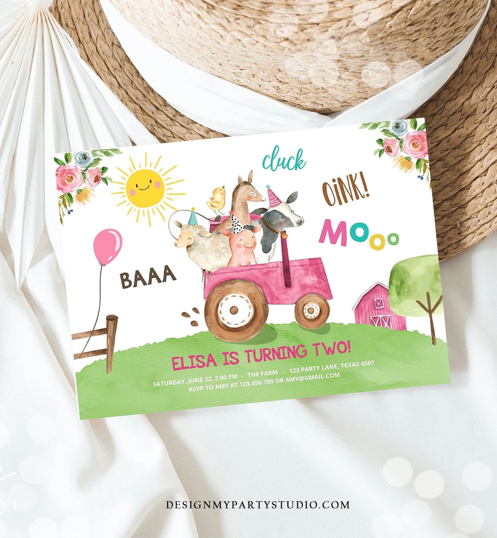 Editable Farm Birthday Invitation Girl Farm Animals Pink Tractor Barnyard Party Tractor Digital Download Evite Template Printable 0155